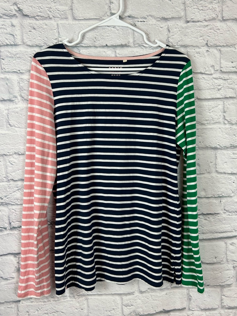 Boden Women’s Size 12 Colorblock Stripe Long Sleeve Top Navy Pink Green Cotton